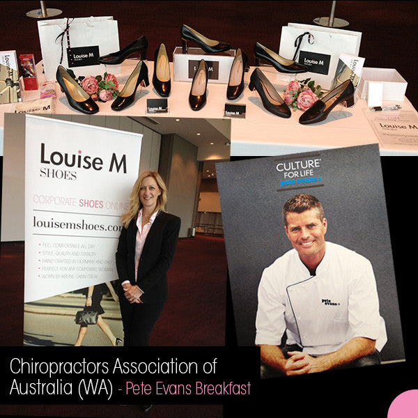 Louise M shoes at Chiropractors Association of Australia (WA) breakfast showing leather court shoes for airline cabin crew and corporate women.